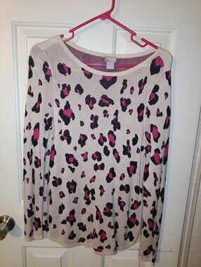 Chico's Cream Long Sleeve Top with Pink and Black Leopard Print Size 0 4-6